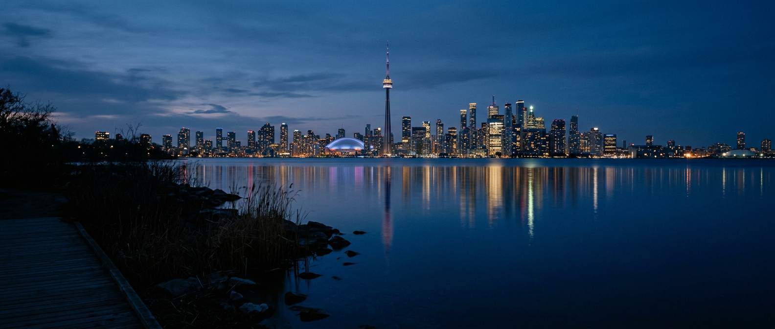 The Toronto skyline lit up against a deep blue evening sky